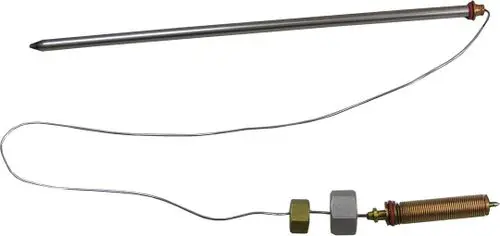 Temperaturregler von Bosch mit einem langen Metallstift, einer Drahtverbindung und einer Kupferfeder. Komponenten sind für die Temperaturmessung und Regelung ausgelegt.